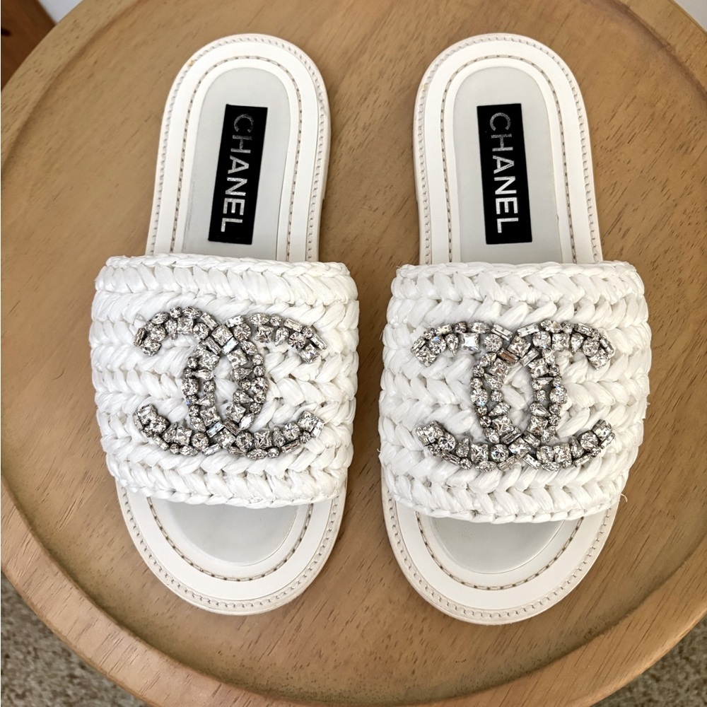 CHANEL  Raffia Crystal CC Mules Sandals - Picture 2 of 8